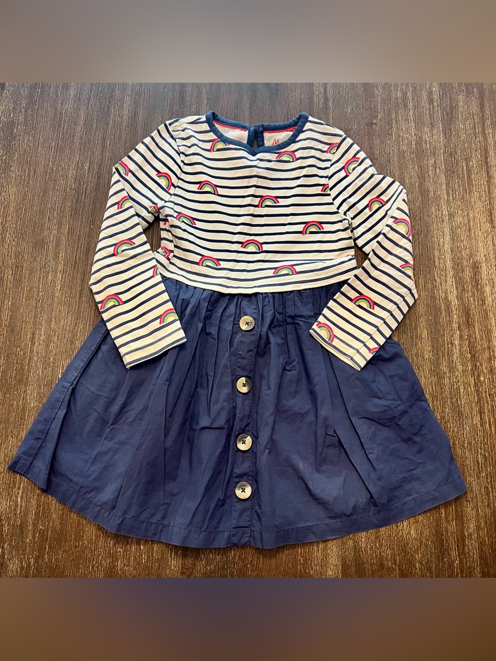 Mini Boden Navy Blue and White Rainbow Stripe Dress size 5/6